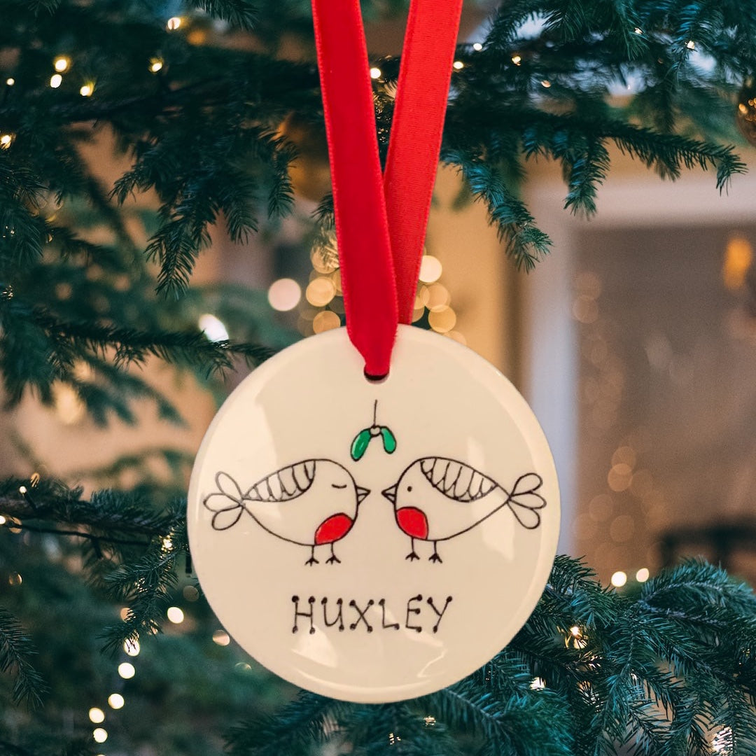 hand painted, robins, bauble, Christmas