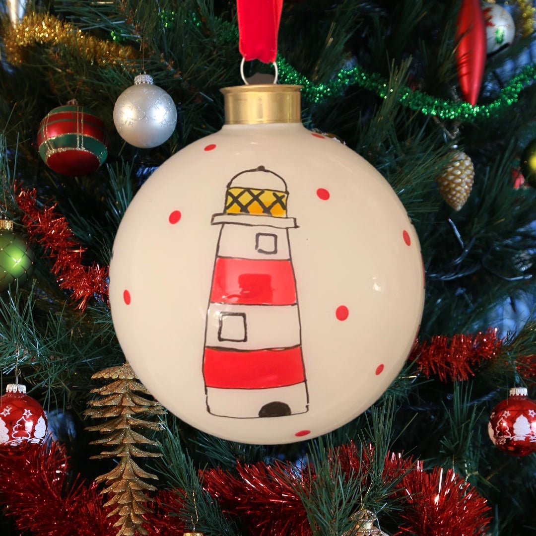 personalised glass bauble, lighthouse, hand painted