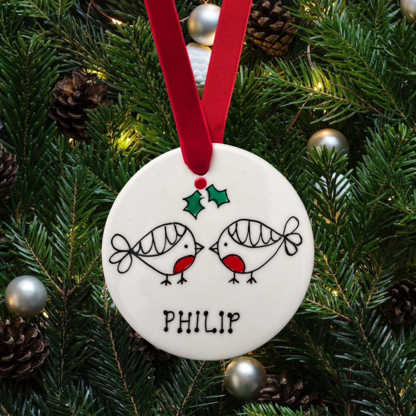 hand painted, robins, personalised, bauble, Christmas