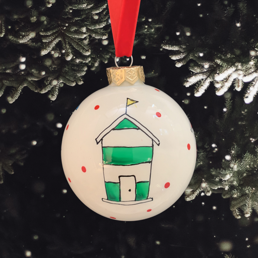 personalised glass bauble, beach huts, hand painted