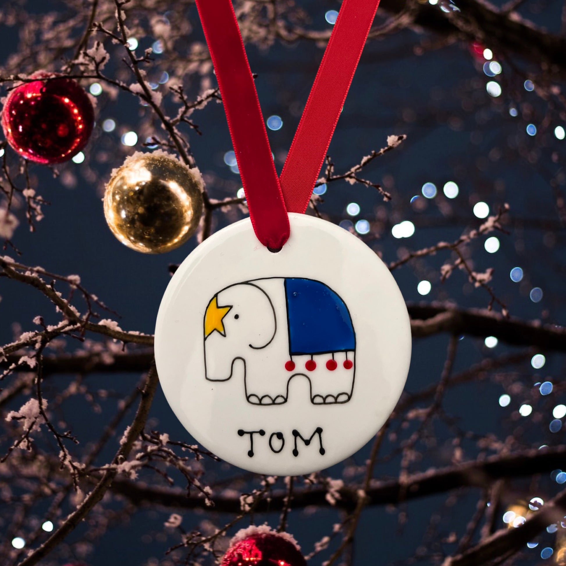 hand painted, elephant, personalised, bauble, Christmas
