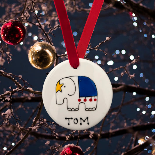 hand painted, elephant, personalised, bauble, Christmas
