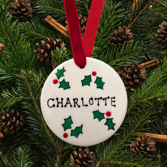 hand painted, holly, personalised, bauble, Christmas