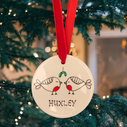 hand painted, robins, bauble, Christmas