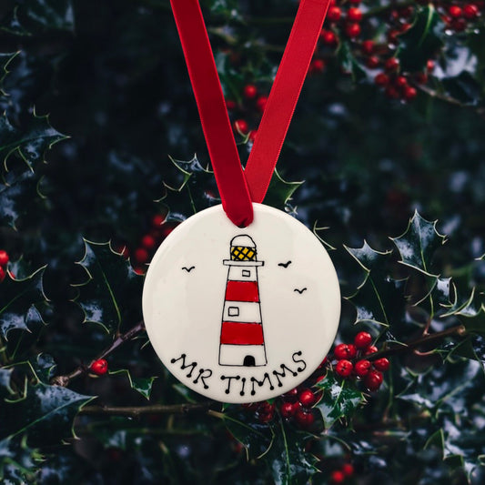hand painted, lighthouse, personalised, bauble, Christmas