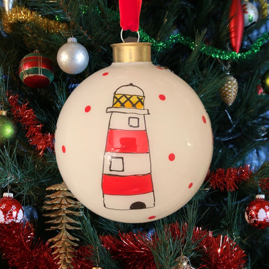personalised glass bauble, lighthouse, hand painted
