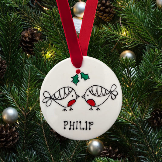 hand painted, robins, personalised, bauble, Christmas
