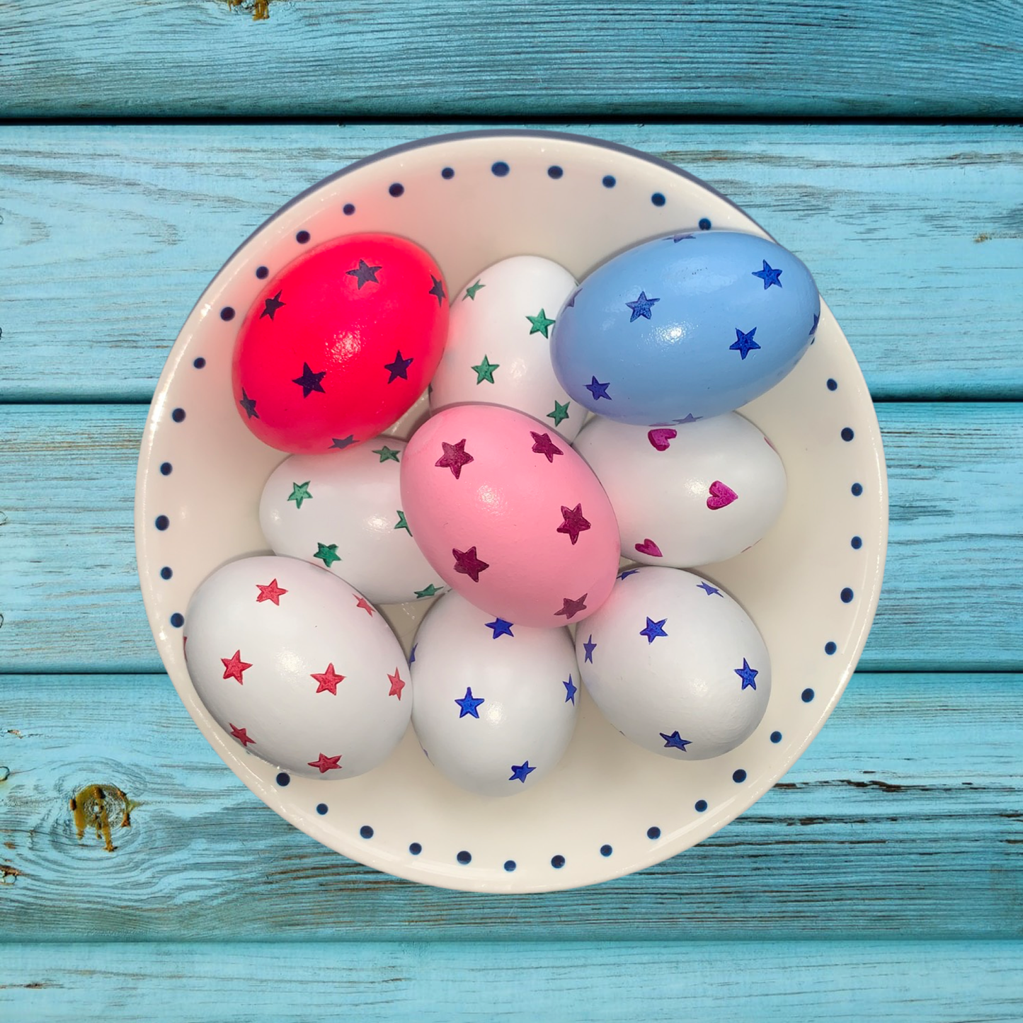 Wooden Egg - white egg with blue stars